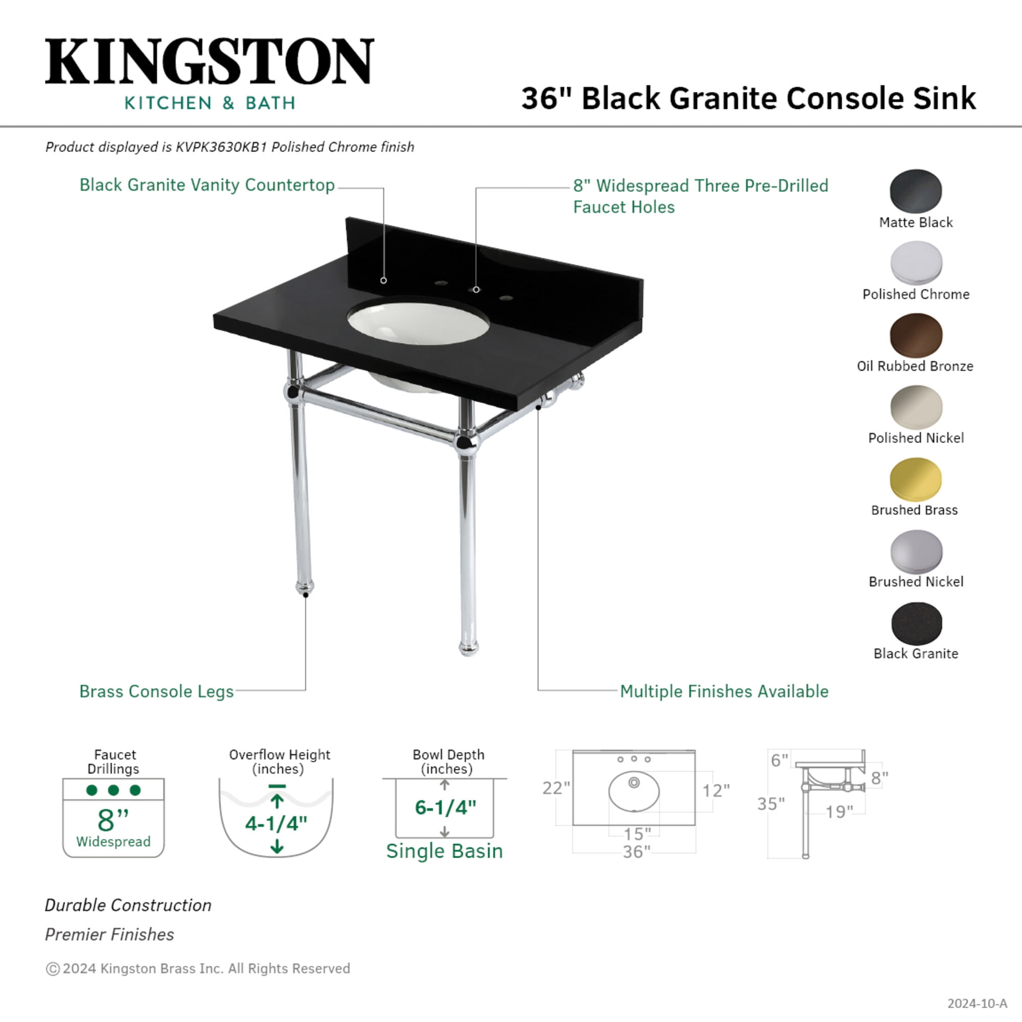 Kingston Brass KVPK3630KB0 Templeton 36" Black Granite Console Sink with Brass Legs (8-Inch, 3-Hole), Black Granite/Matte Black