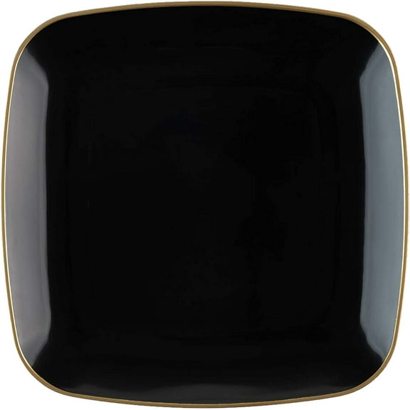 (10 PACK) EcoQuality 10" inch Disposable Square Black Plastic Plates with Gold Rim, China Like Party Plates, Heavy Duty Dinner Plate, Salads, Weddings, Baby Showers, Catering, Non Toxic