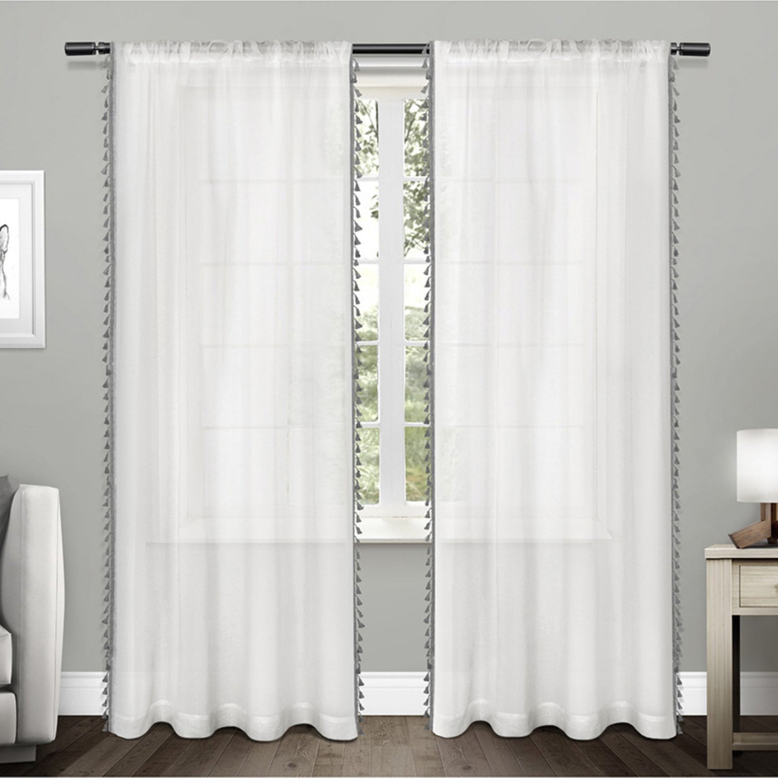 Exclusive Home Curtains Tassels Embellished Sheer Rod Pocket Curtain Panel Pair, 54x84, Teal