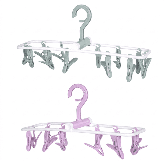 2-Pack Small Folding Portable Clothes Drying Rack, Drying Rack with Clips, 12 Clips, Rotatable Hook, for Drying Towels, Clothes, etc.