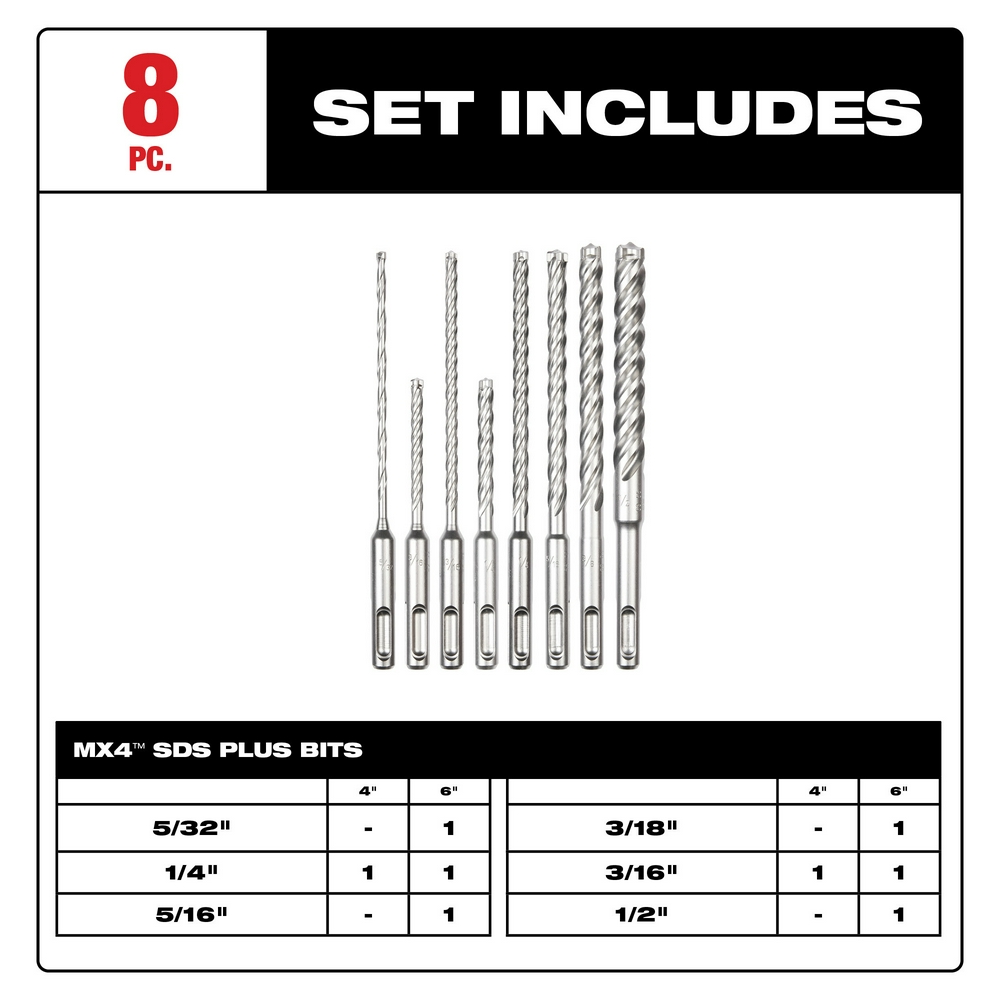 Milwaukee Tool 8pc. SDS Plus MX4 4-Cutter Drill Bit Kit