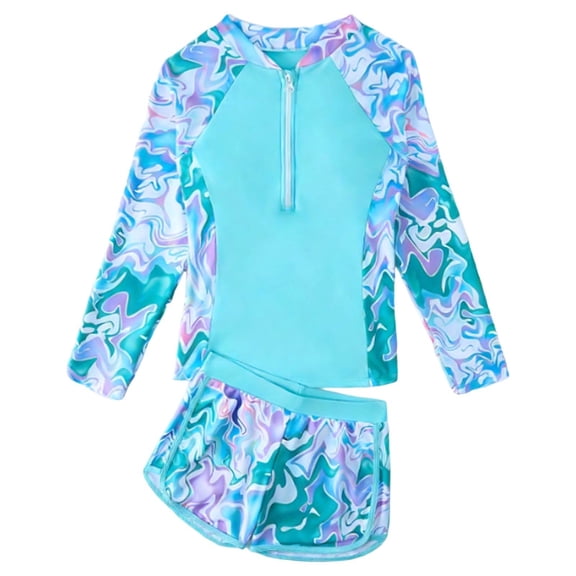 Atogsazn Kids Girls Summer Swimsuit Children Rash Guard Half Zip Slim Fit Swimwear Athletic Shorts Outfit Light Blue 7-8 Years Fashion