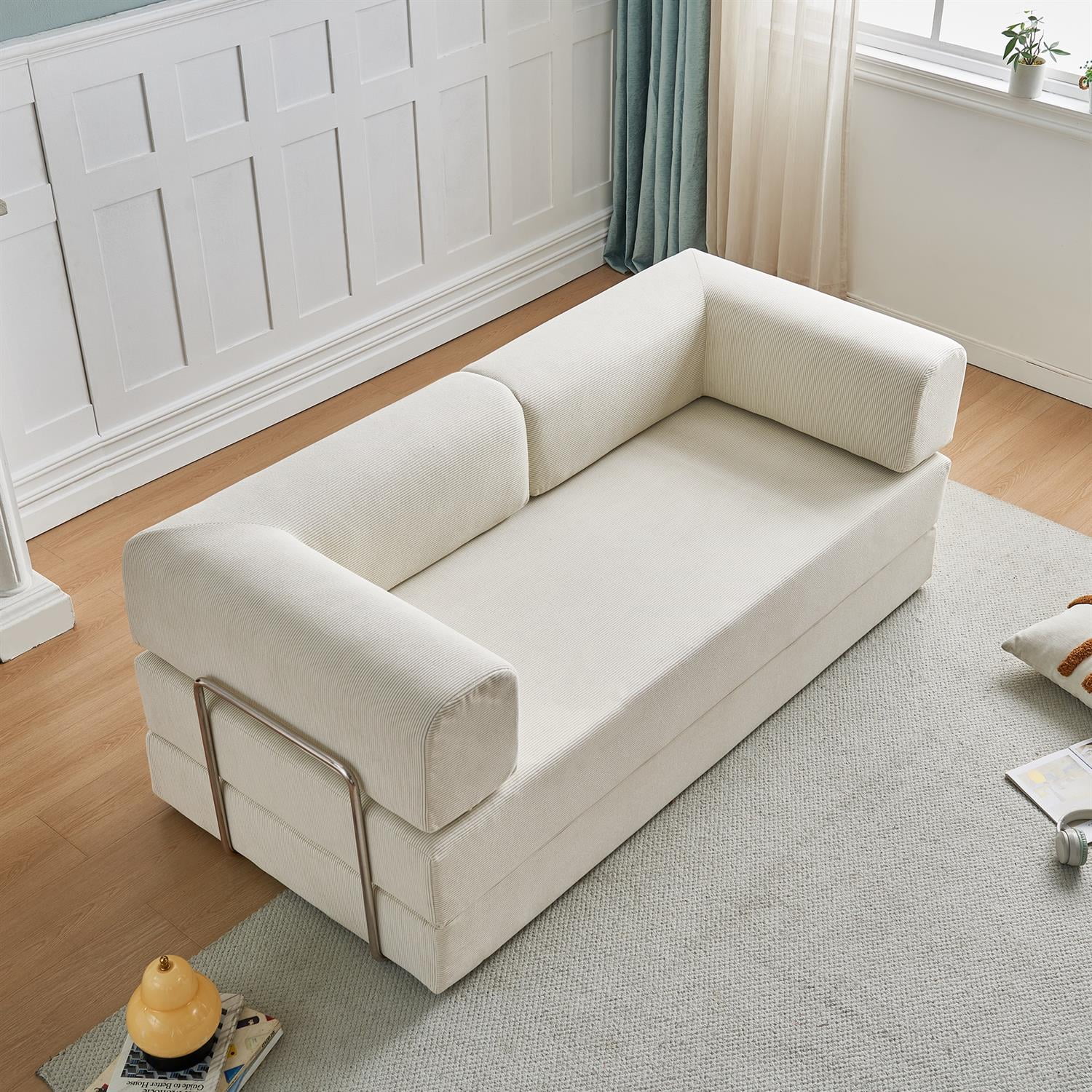 Demi Bonn 74" Ergonomic 3-Seater Corduroy Sofa Bed for Small Spaces, Apartments, Easy Assembly, Modern Couch Furniture for Living Rooms, White