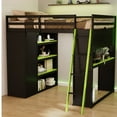 thumbnail image 5 of Full Size Wood Loft Bed with Workstation, Gaming Loft Bed with Desk, Wardrobe, Shelves, Blackout Curtains & RGB Lights – Space-Saving Multifunctional Furniture for Dorm, or Apartment, Black+Green, 5 of 9