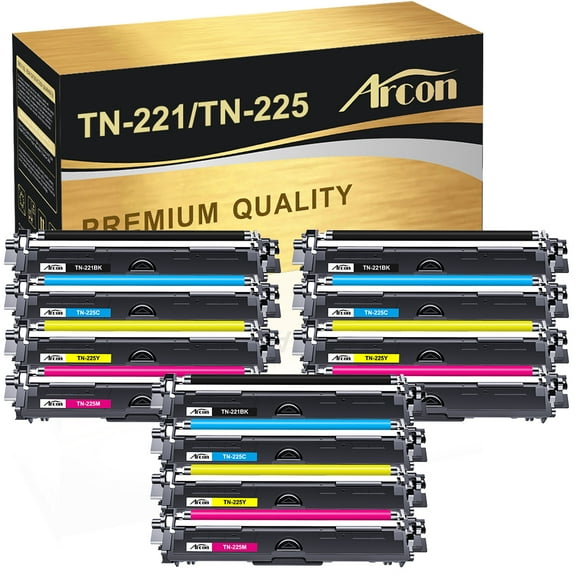 Arcon 12-Pack Compatible Toner for Brother TN 225 TN-225 TN-221 HL-3140CW HL-3150CDW HL-3170CDW MFC-9130CW MFC-9140CDN MFC-9330CDW DCP-9020CDW Printers (Black Cyan Magenta Yellow)
