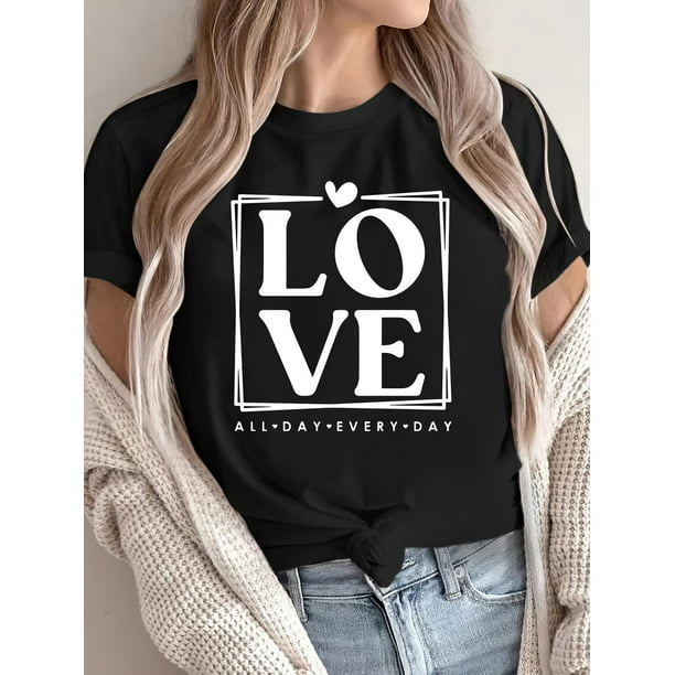 Letter Print Short Sleeve, Casual Short Sleeve Round Neck T-shirt, Women's Clothing Tee For Adult, Men, Women, Teen, Teenager, Adolescent, Youth