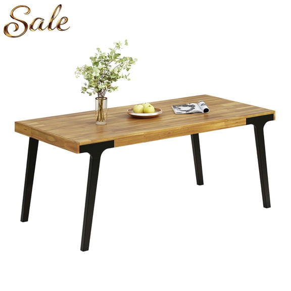 GZXS 69" Acacia Wood Outdoor Dining Table, Modern Patio Table with Slat Top & Splay Metal Legs, Weather Resistant Teak & Black Finish, Ideal for Garden, Deck, and Backyard Gatherings