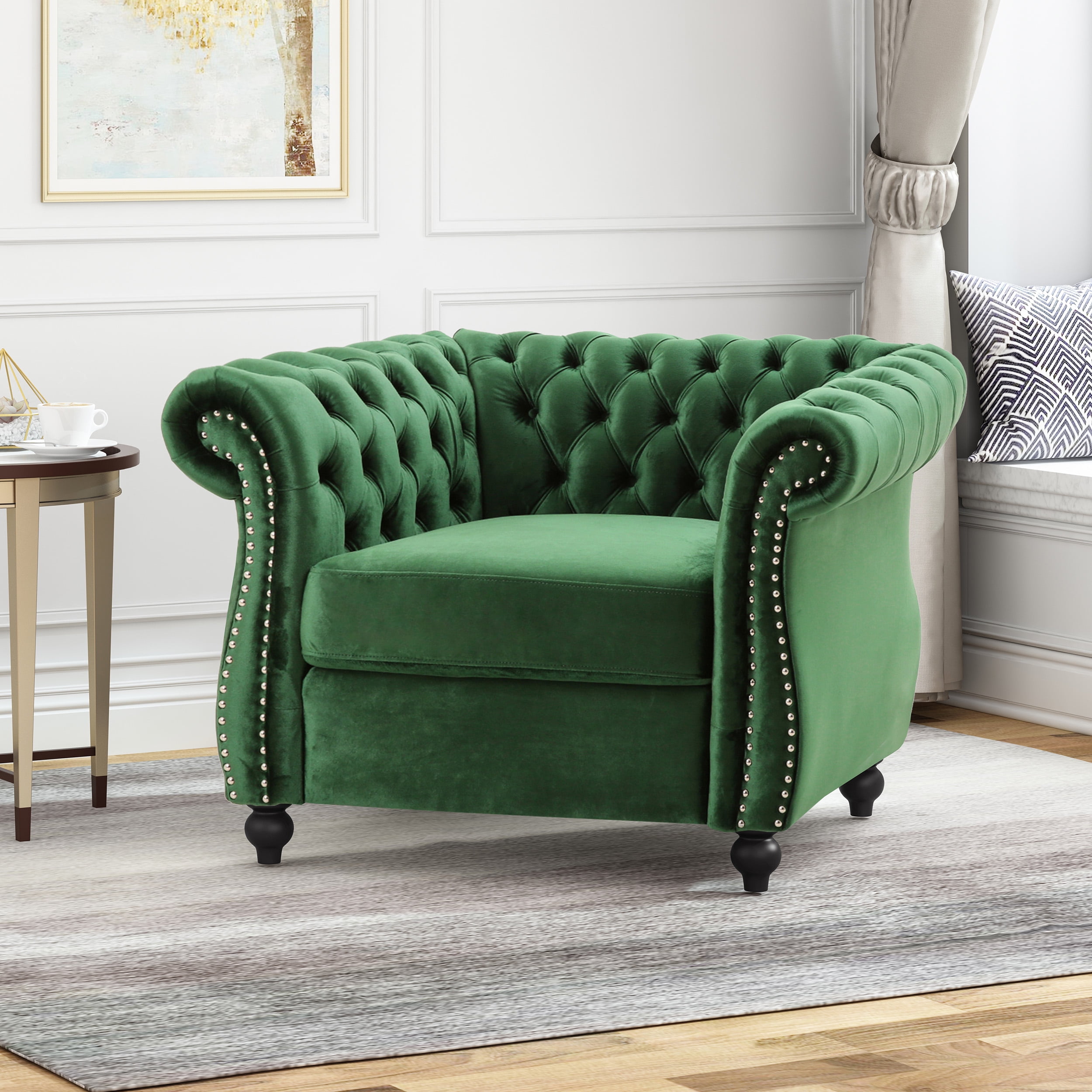 Noble House Millie Chesterfield Velvet Club Chair, Emerald Walmart