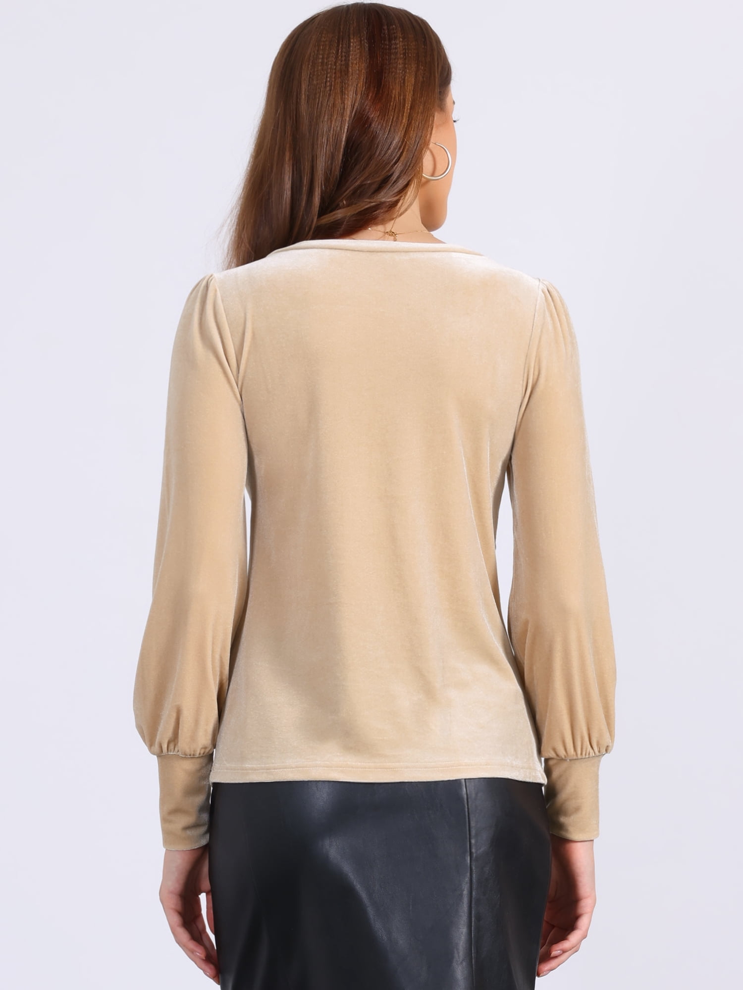 DARING DIVA Women's Velvet Crew Neck Puff Long Sleeve Blouses XS Beige