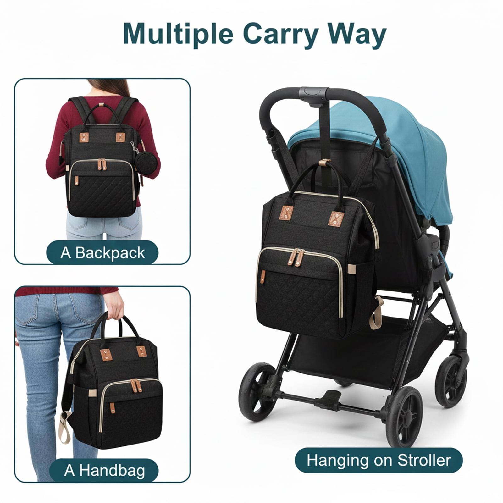 Oioane Baby Diaper Bag with Changing Station, Multifunctional Portable Backpack with USB Charging Port for Travel, Black