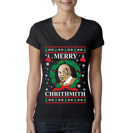 Merry Chrithmith Mike Tyson Womens Ugly Christmas Junior Fit V-Neck Graphic