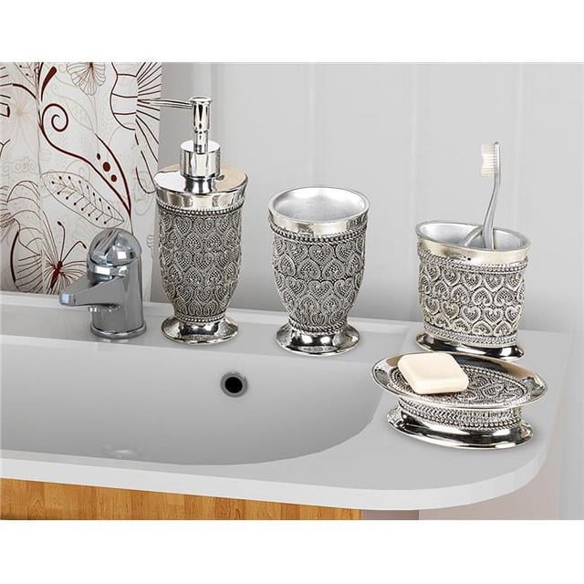NuSteel BHT-3456-SET4 Ensemble de 4 Pcs Cœur Perlé Collection Bain Résine Argentée