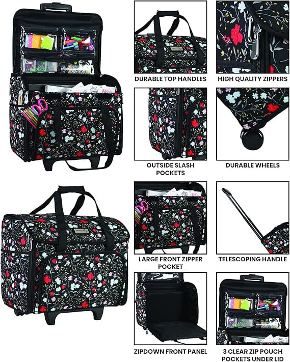 Everything Mary Rolling Sewing Machine Storage and Transport Tote, Red Floral with Wheels, Crafting Tote