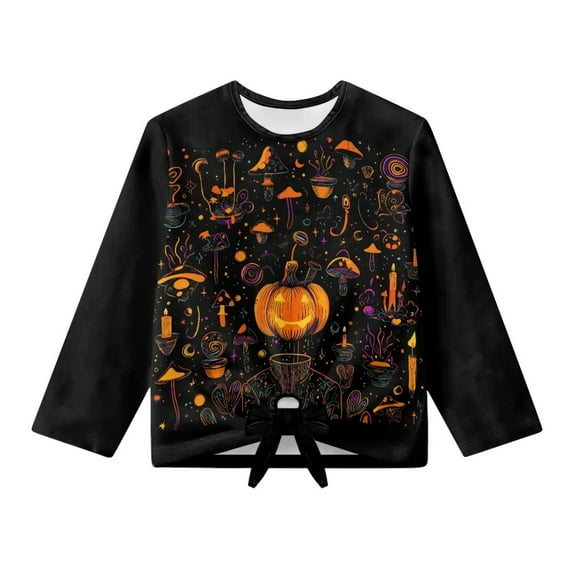 Xoenoiee Pumpkin Mushroom Candle Print Blouses for Girls Halloween Casual Long Sleeve Tie Knot Front Shirts for Girls Loose Round Neck Little Kids Crop Top, 5-6 Years