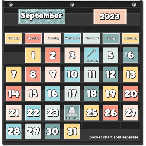 Black Calendar Pocket Chart for Classroom, Monthly Calendar Wall Pocket Chart for 2.75" * 2.75" Cards, without Card (Only Chart 24"*25" )