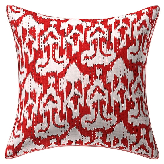 Stylo Culture Ethnic Decorative Throw Pillow Cover 16 x 16 Kantha Embroidered Red Traditional 40x40 cm Home Decor Cotton Ikat Square Cushion Cover | 1 Pc