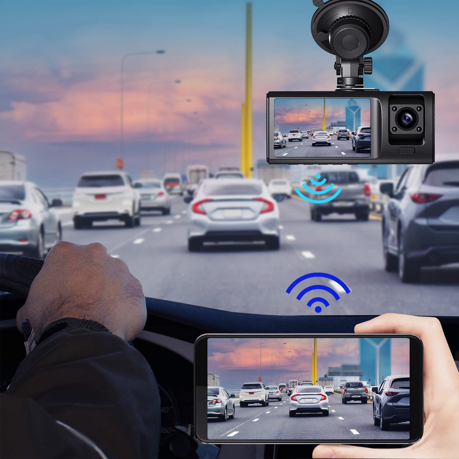 UsRHHA Dash Cam with WiFi 1080P FHD, Three Lens Car Driving Recorder with Night Vision G Sensor, Dashboard Camera with Parking Monitor Loop Recording