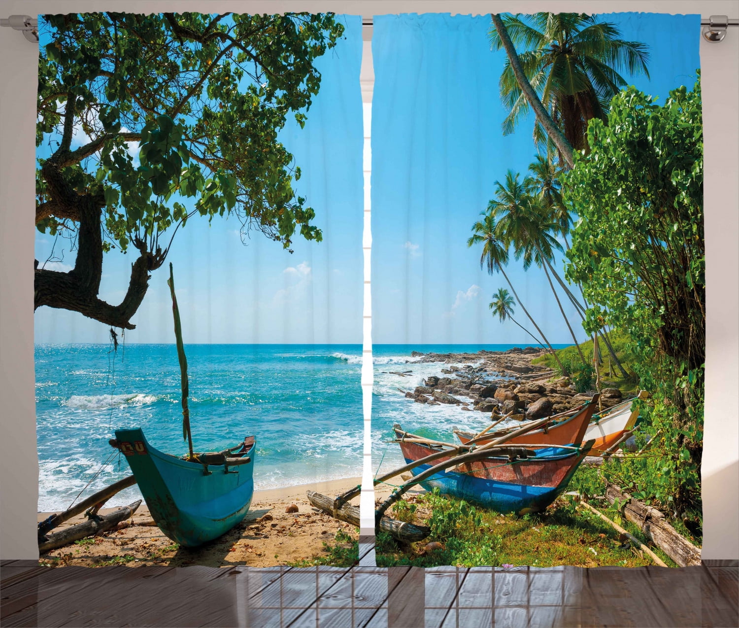 3D  Balcony Sunny Beach Blockout Print 2 Panel Fabric Window Curtain Door Drapes 