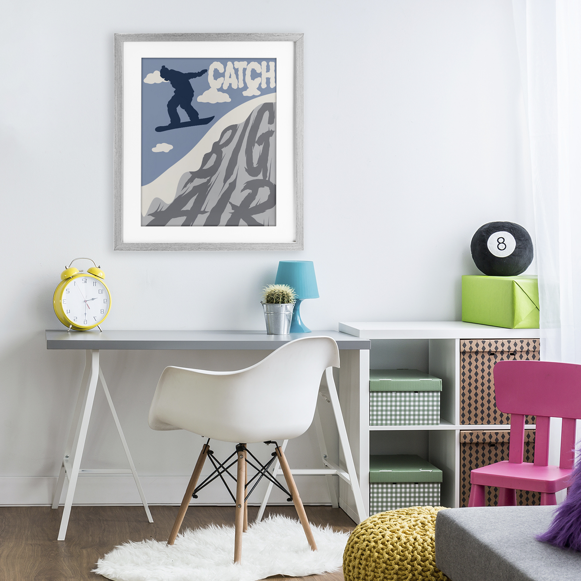 Catch Big Air Snowboard Gray Framed Print Under Glass, design by Marcus Prime