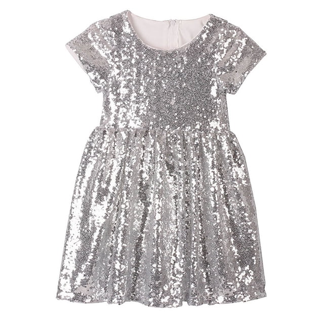 vigerkar Robe à Paillettes pour Filles, Scintillante, Chic, Manches Courtes Bouffantes, Dégradé, Robe de Fête (Argent, 5-6 Ans)