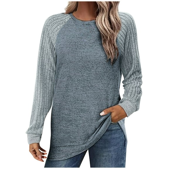 yoeyez Tunic Sweater for Women Cable Knit Patchwork Sleeve Sweaters Crewneck Raglan Long Sleeve Shirts Fall Fashion Tops 2025 Blue M