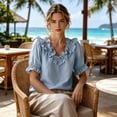 thumbnail image 6 of CHUMUD Womens Summer Short Sleeve Tops Trendy Ruffle Trim V-Neck Blouse, Casual Puff Sleeves Flowy Top, 6 of 6