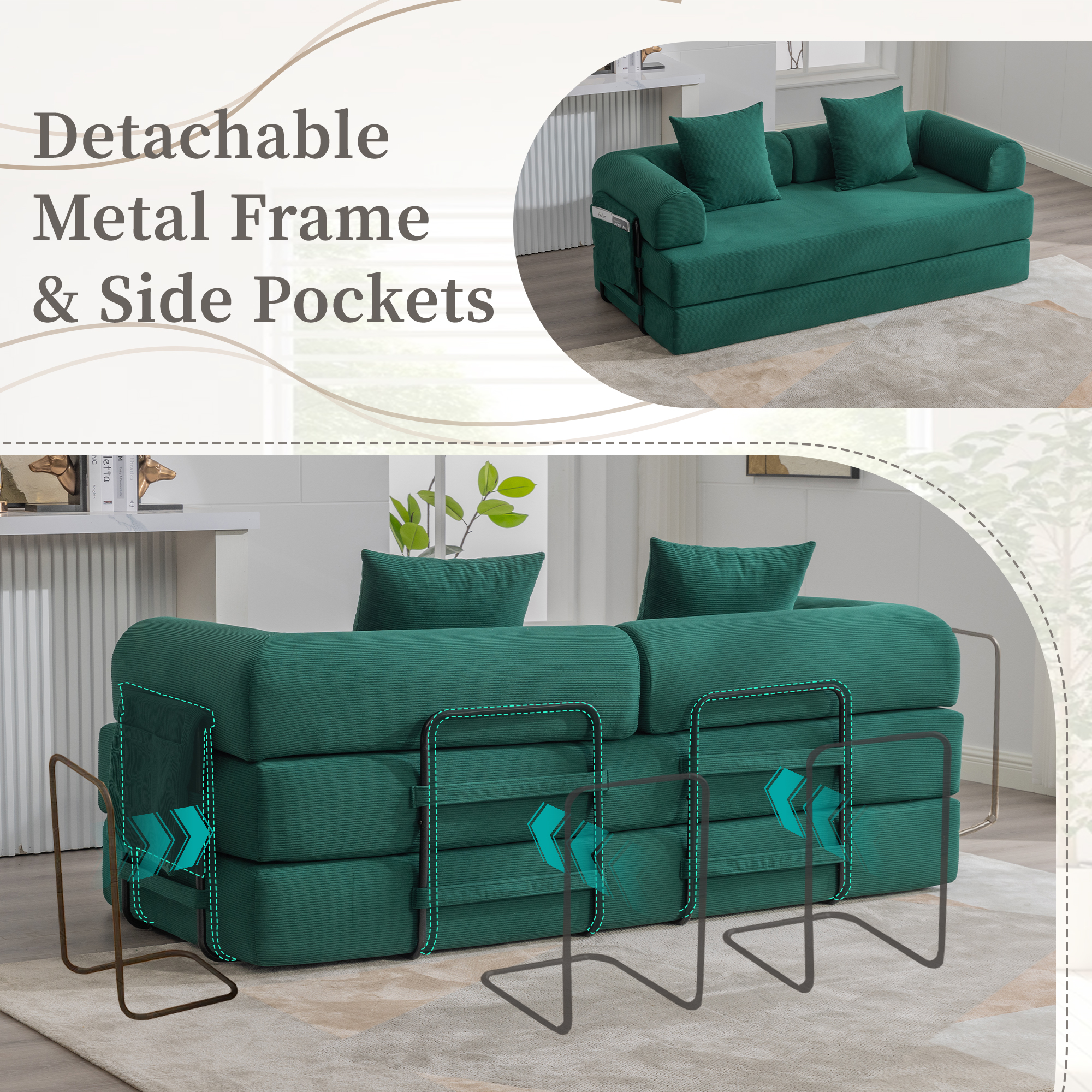 MOONMISS Corduroy Upholstered Modern Comfort Foldable Compressible Sofa Bed with Sturdy Metal Frame-Emerald