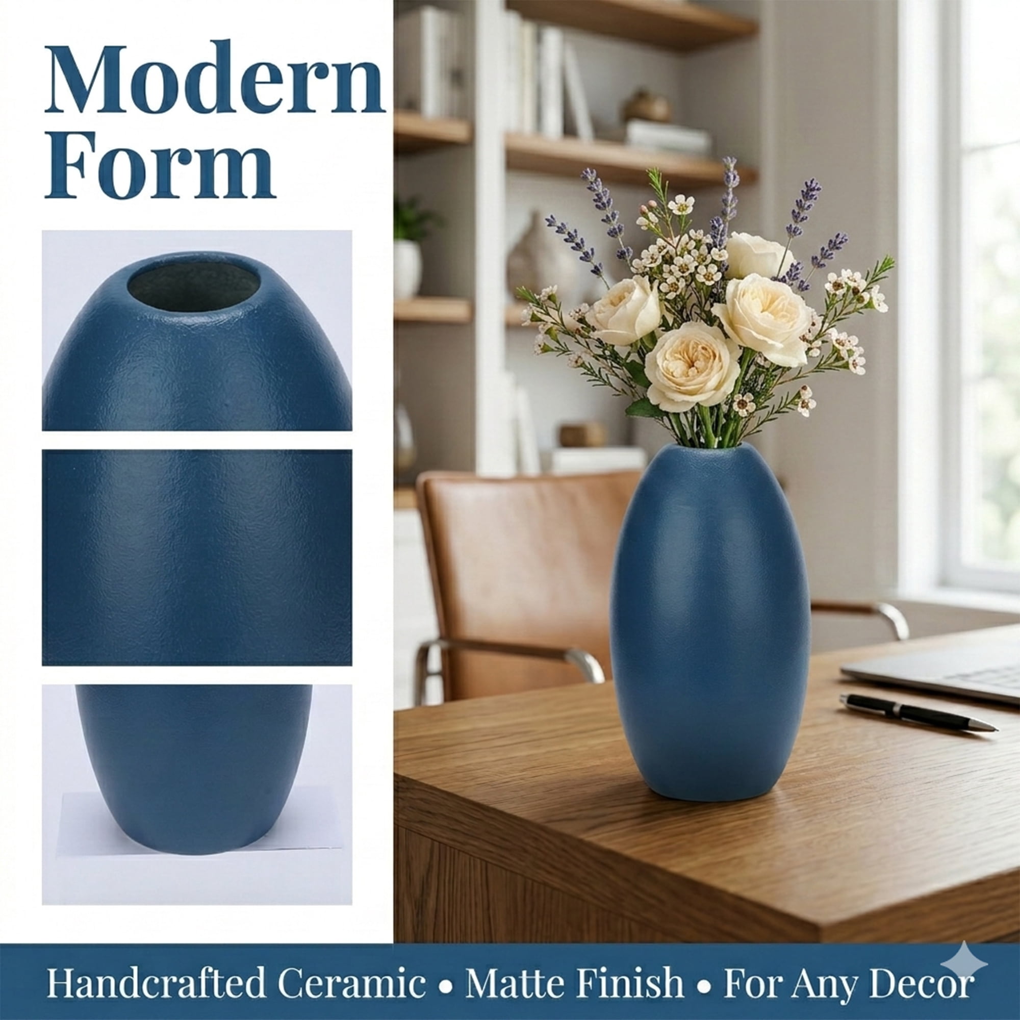 Unique Bargains Modern Ceramic Ribbed Flower Vase for Boho Blue 3.5"L x 3.5"W x 6.1"H