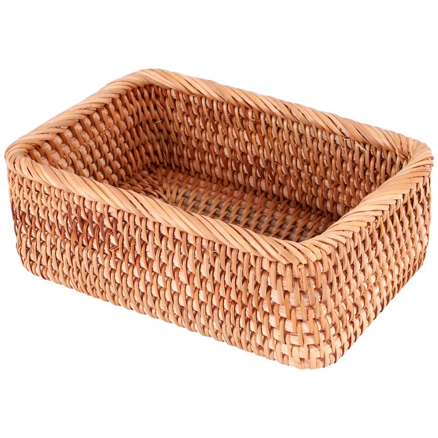 Hand-Woven Rectangular Rattan Wicker Basket Fruit Tea Snack Bread Picnic Cosmetic Storage Box Kitchen Household Tools-S,1 * Rattan storage basket,brown