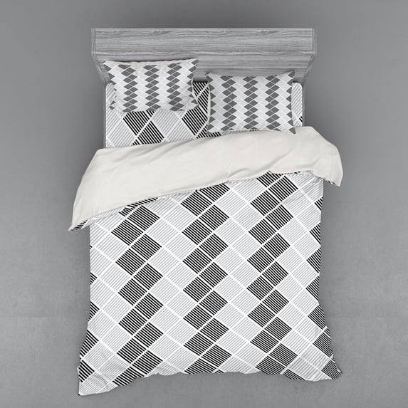 Ambesonne Geometric Bedding Set 4 Pcs, Abstract Symmetric Lines, Queen, Pale Grey White Black