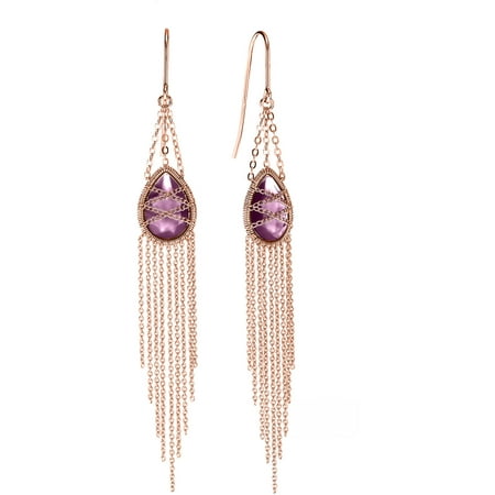 5th & Main Rose Gold over Sterling Silver Hand-Wrapped Drape Chain Hanging Teardrop Amethyst Stone Earrings