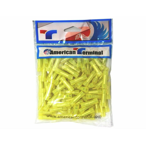 American Terminal TBC1210Y 100 pcs 12 - 10 Gauge AWG Yellow insulated Nylon crimp terminals connectors Butt Connectors