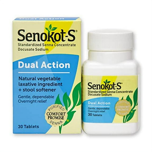-S Dual Action 30 Tablets, Natural Vegetable Laxative Ingredient Plus Stool Softener Tablets, Gentle Dependable Overnight Relief Of Occasional Constipation