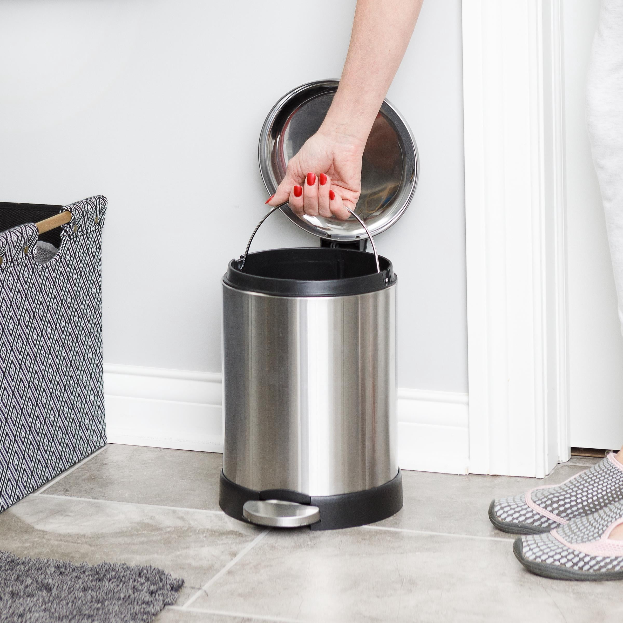 Glad Bathroom Trash Can, 1.2 Gallon Stainless Steel Small Step Garbage Bin with Lid, Silver