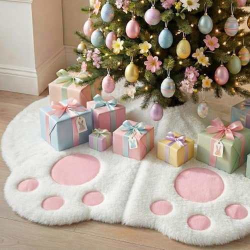 36 Inches Bunny Easter Tree Skirt White Faux Fur Plush Easter Tree Decoration Funny Bunny Butt Shaped Skirt for Home Spring Pastel Party Decor$$Home Decor, Kitchen, & Other