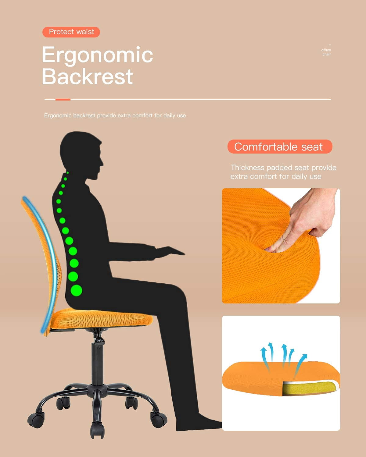 Armless Office Chair Ergonomic Desk Chair Computer Chair Mesh Home Desk Chair with Adjustable Lumbar, Rolling Swivel Office Chair Mid-Back Task Chair for Adults (Orange)