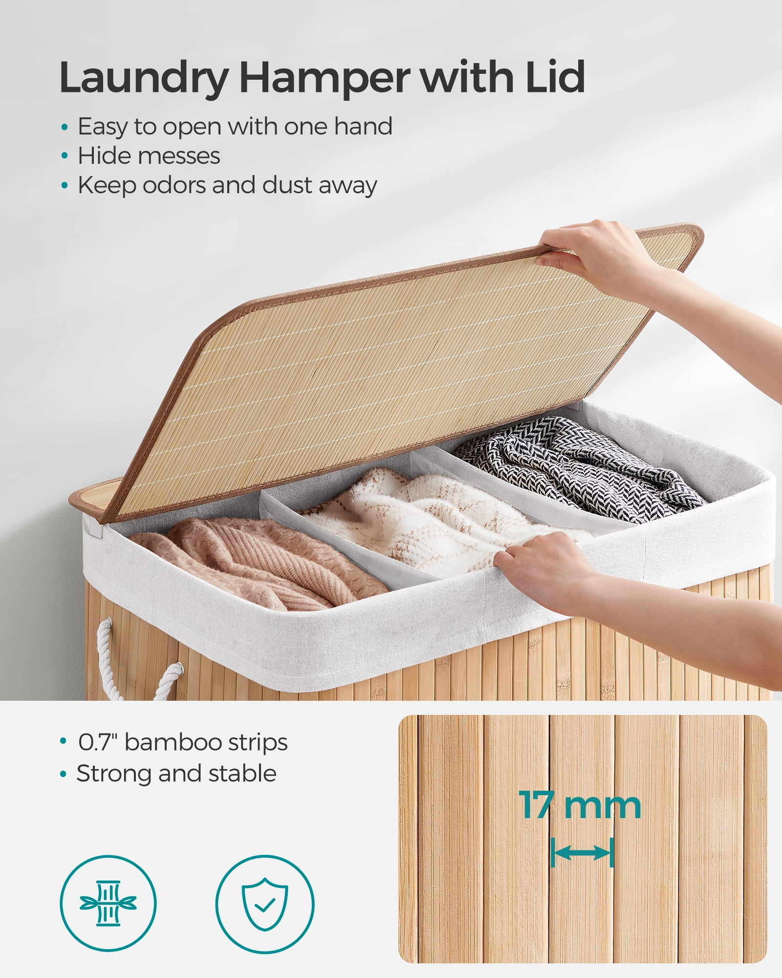 SONGMICS 39.6 Gallons Laundry Hamper, 3-Section Laundry Basket, Laundry Hamper with Lid, Bamboo, Foldable, Removable and Machine Washable Liner Natural
