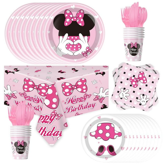 81 pieces of pink bow mouse party supplies cutlery set, cartoon themed birthday party decorations including paper plates, napkins, tablecloths, cups, knives, spoons, and forks (pink)