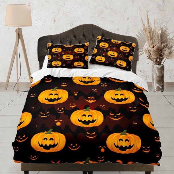 Calabaza y murciélagos de Halloween tamaño completo ropa de cama y funda de almohada, funda nórdica Dorm Set
