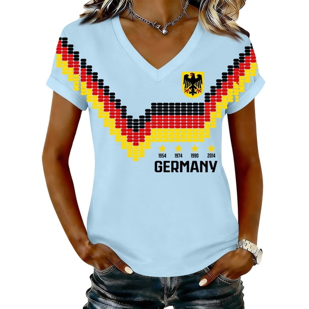 Women's Germany Football Graphic T-Shirt, V-Neck Casual Letter Print T-Shirt, Fashion Short Sleeve Graphic Tee, Summer Daily Lightweight Tops for Soccer Tournament 2026 Light Blue Size: XL