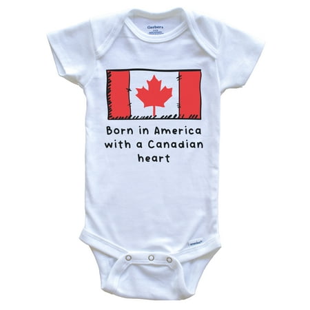 

Born In America With A Canadian Heart Cute Canada Flag Baby Bodysuit 6-9 Months White