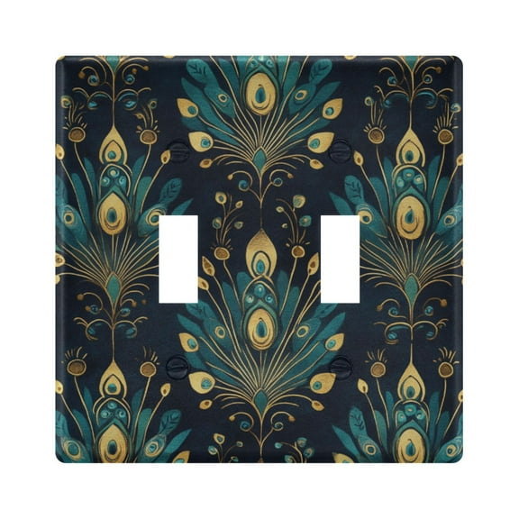 Yayeee Toggle Light Switch Wall Plate 2-Gang 4.56"x4.48" Decorative Outlet Cover, Gold Peacock Pattern