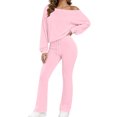 thumbnail image 2 of Ladies' Off Shoulder One Neck Long Sleeved Wide Leg Pants Set With Drawstring High Waist for Slimming, Casual Sports Two-Piece Set Pink S, 2 of 7