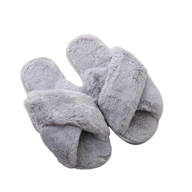 Zapatillas De Lana Artificial Planas Con Punta Abierta De Color Sólido Para Mujer De Otoño E Invierno, Zapatillas De Felpa Cruzadas Antideslizantes Y Resistentes Al Desgaste Eigraketly AP007466-06