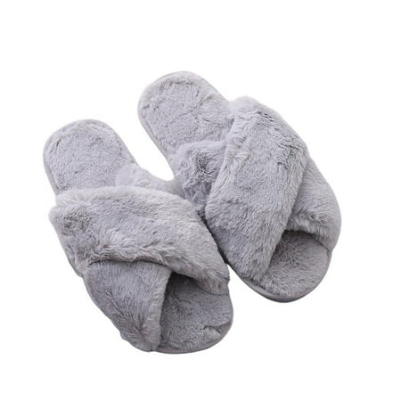 

Autumn and Winter Women Solid Color Open Toe Flat Artificial Wool Slippers Non-slip and Wear-resistant Cross Plush Slippers