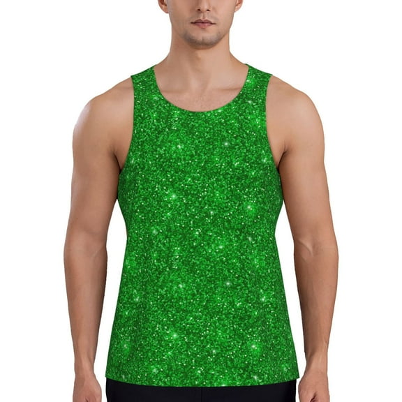 Xecao Green Glitter Men's Tank Top Workout Quick Dry Sleeveless Gym Jogging Muscle Shirts Summer Swim Beach Tops