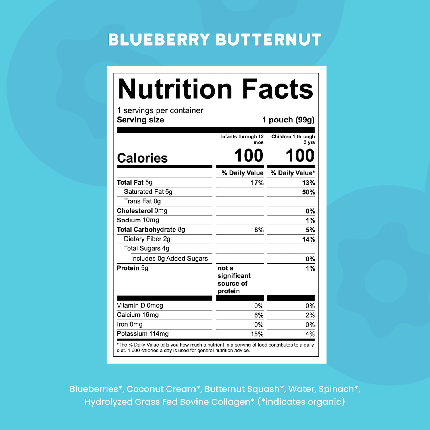 Serenity Kids Dairy Free Blueberry Butternut Smoothie with Organic Coconut Cream and Grass Fed Collagen, 3.5oz Pouch
