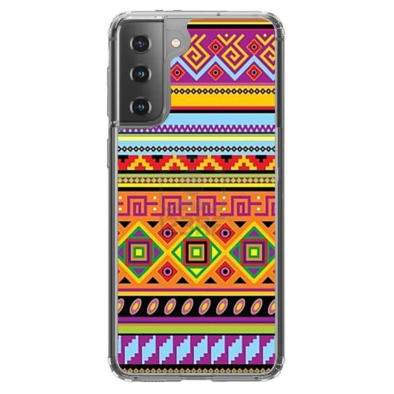 DistinctInk Clear Hybrid Case for Samsung Galaxy S21 (6.2" Screen) - Blue Orange Purple Tribal Print - Lightweight Grip