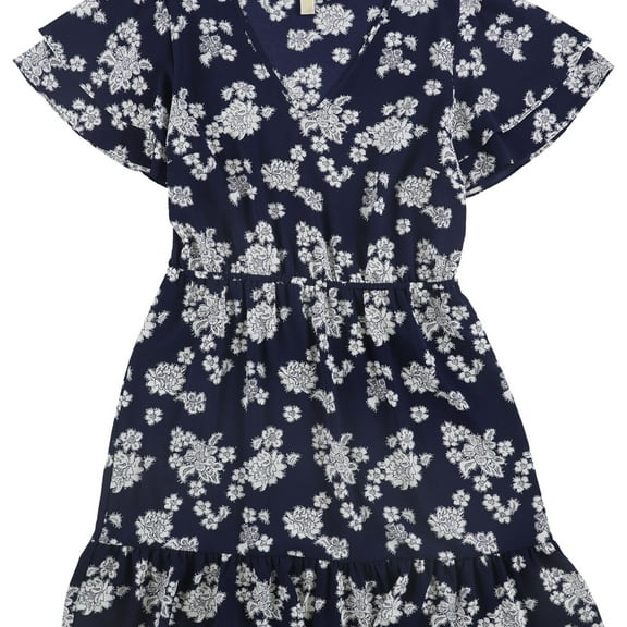 Michael Kors Womens Floral Fit & Flare Dress, Blue, Large