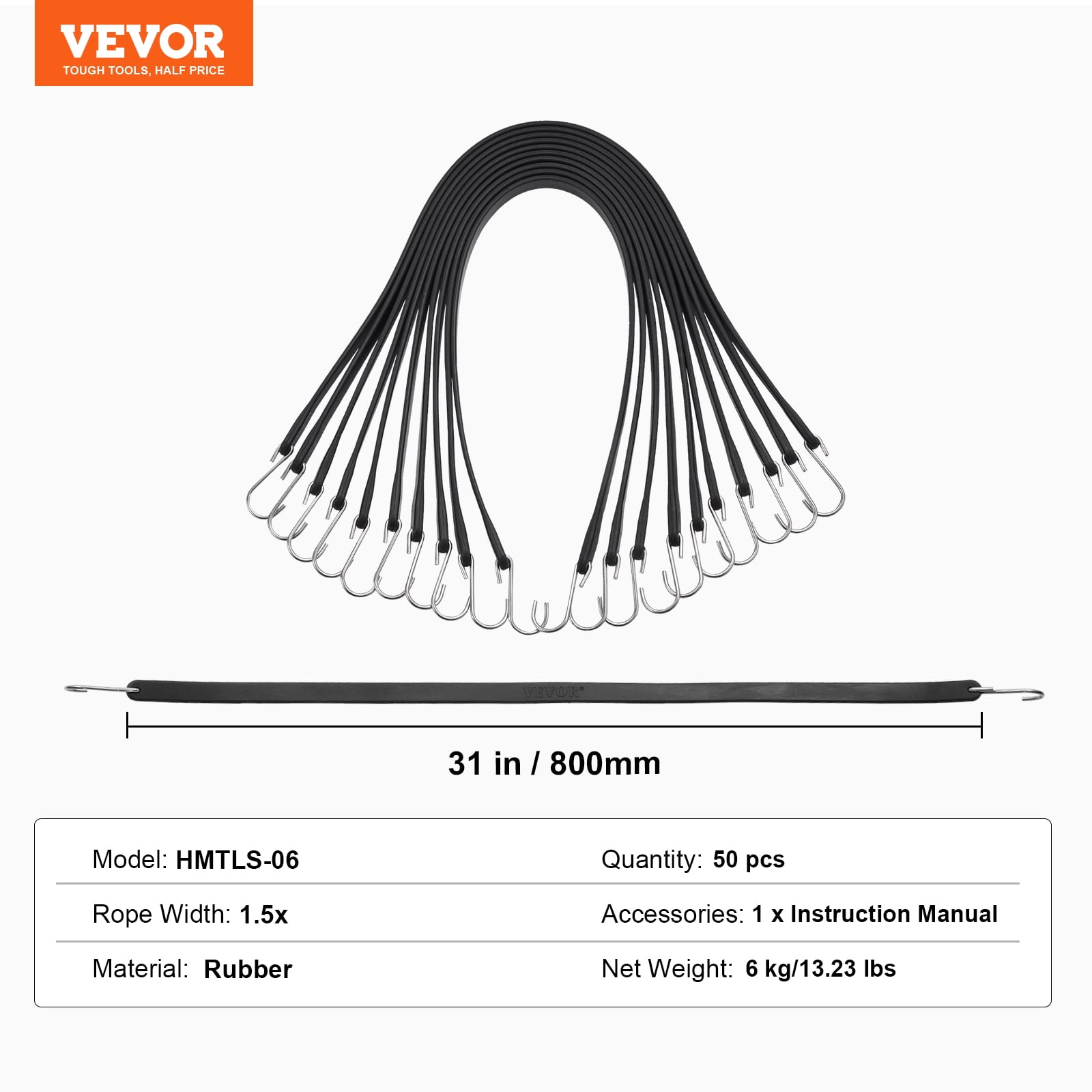 VEVOR 50 Piece Flat Bungee Cord, 19.8 mm Heavy Duty Bungee Straps with Steel S-Hooks, 31" Elastic Bungee Rope for Cargo, Tarps, Trucks and Tent, Black